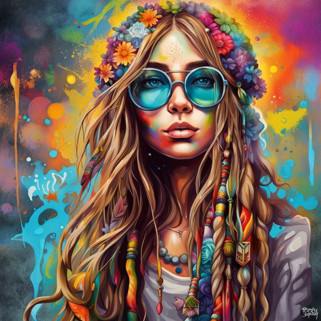 Hippie Girl with Glasses in Graffiti Style