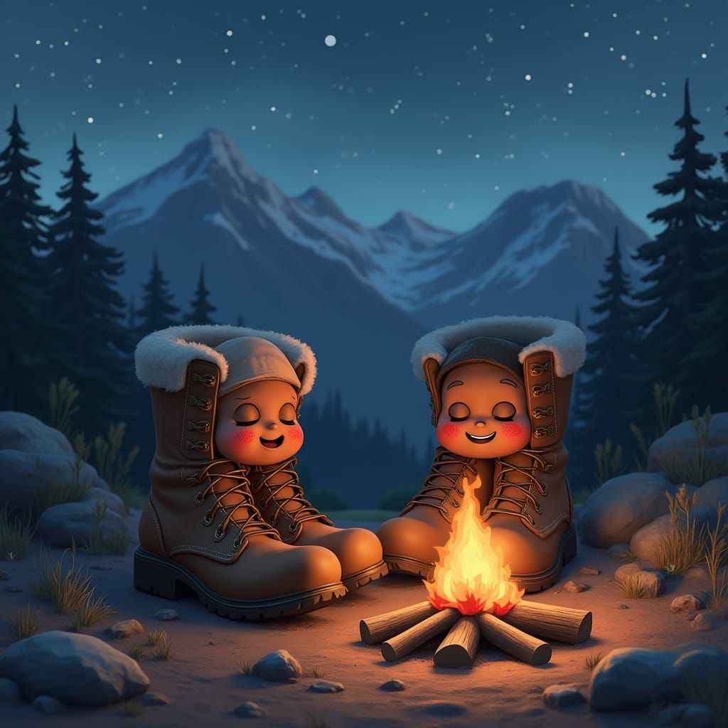 Anthropomorphic Hiking Boots by Campfire in Mountain Night