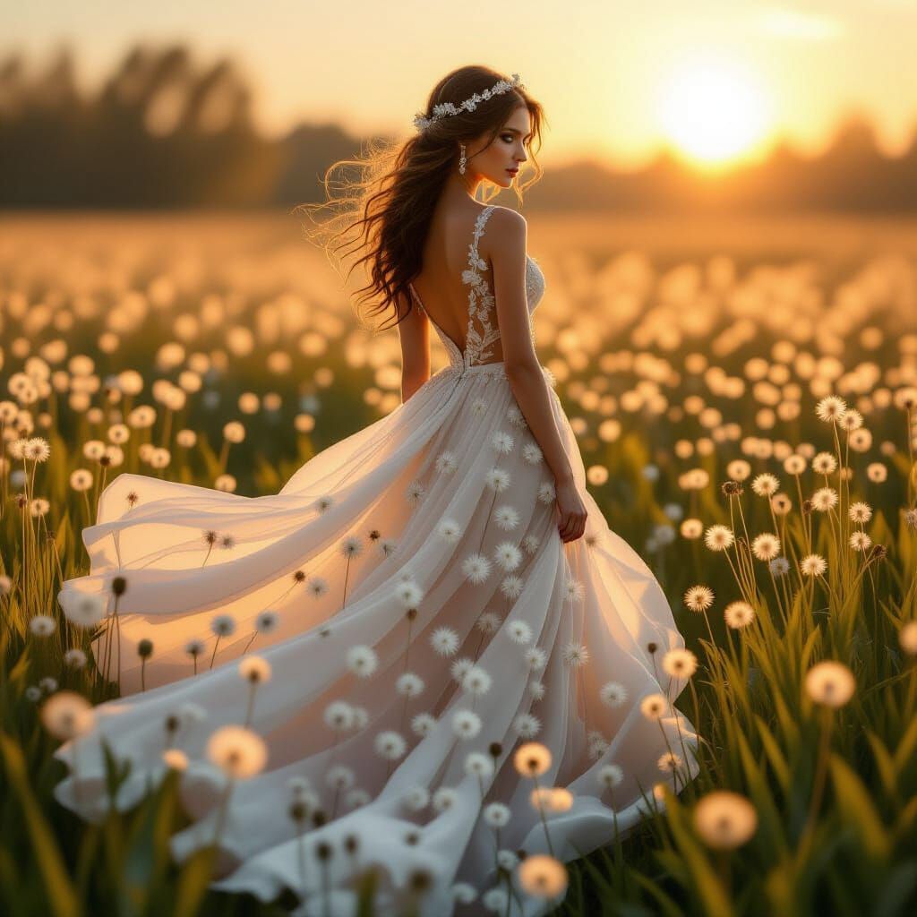 Enchanting Dandelion Gown Woman in Golden Hour Light