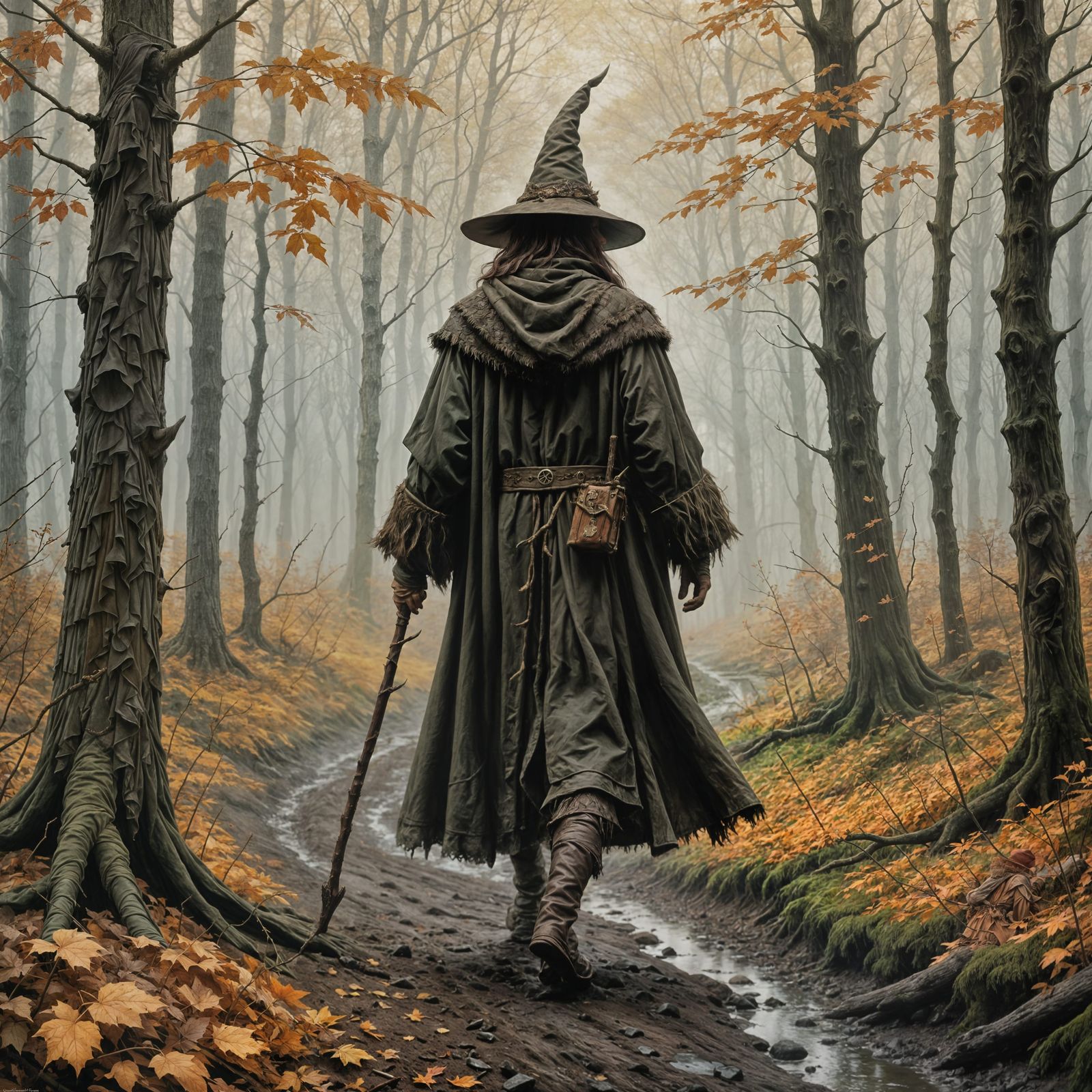 Mystical Druid Navigates Autumnal Forest