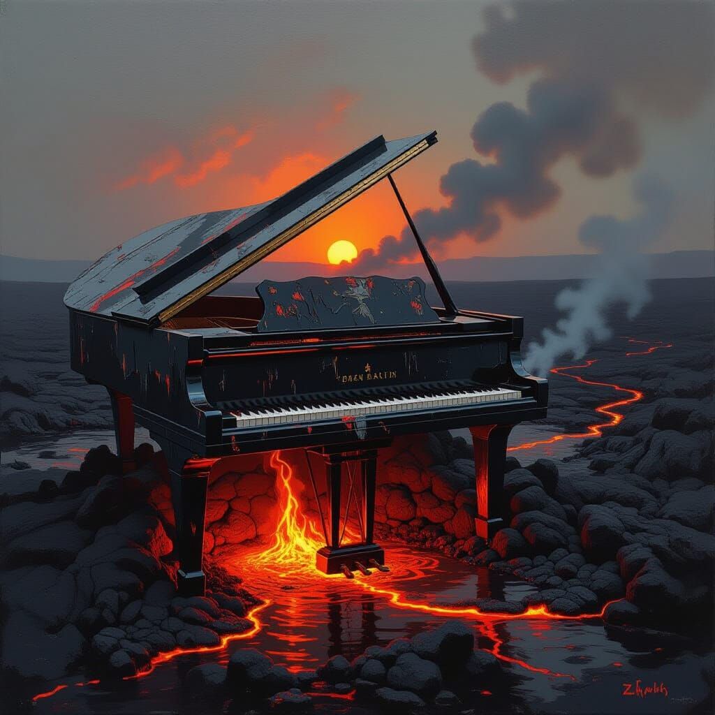 Grand Piano on Smoldering Volcano Edge in Oil Painting Style