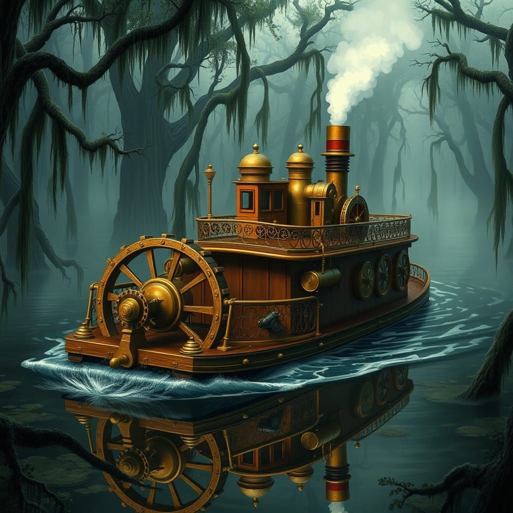 Steampunk Paddlewheel Boat Navigates Mysterious Swamp