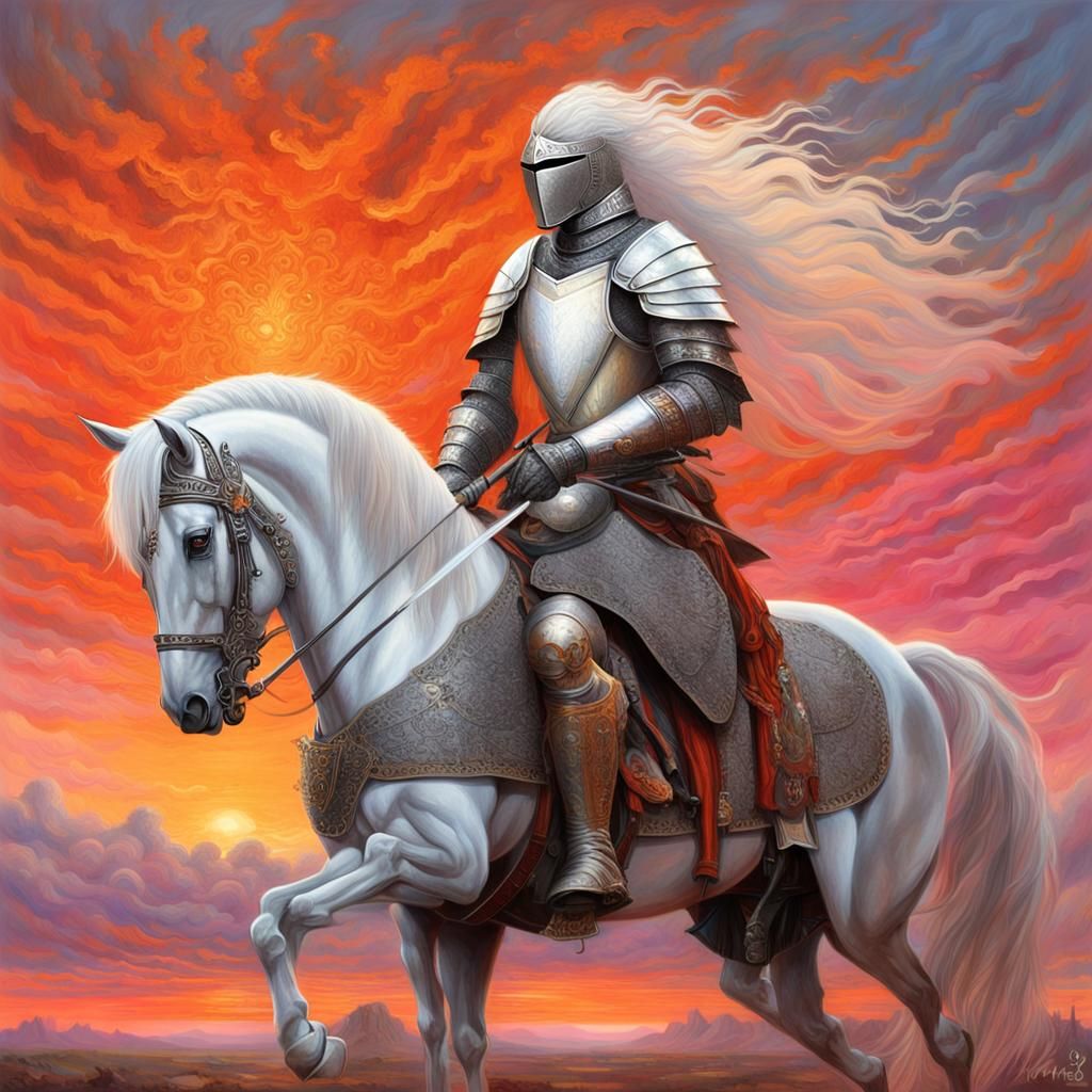 Armored Knight on White Stallion at Sunset