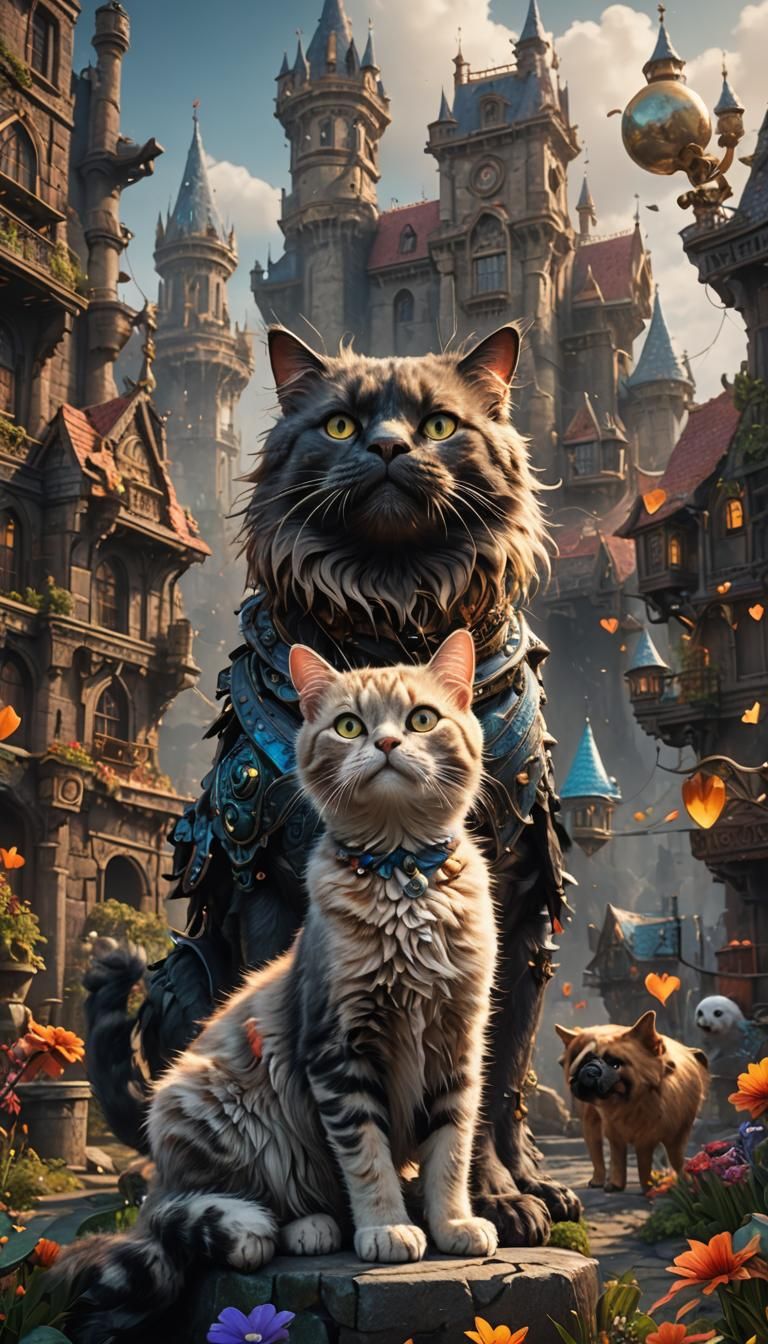 Cat and Dog Affection in Detailed Digital Painting