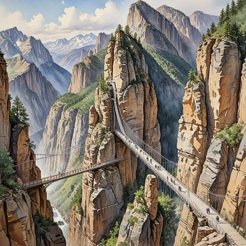 Ethereal Watercolor Bridge Over Towering Canyon Peaks