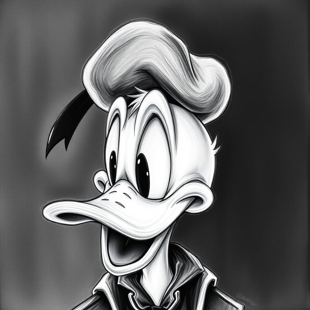 Hyperdetailed Black and White Donald Duck Portrait in Charco...