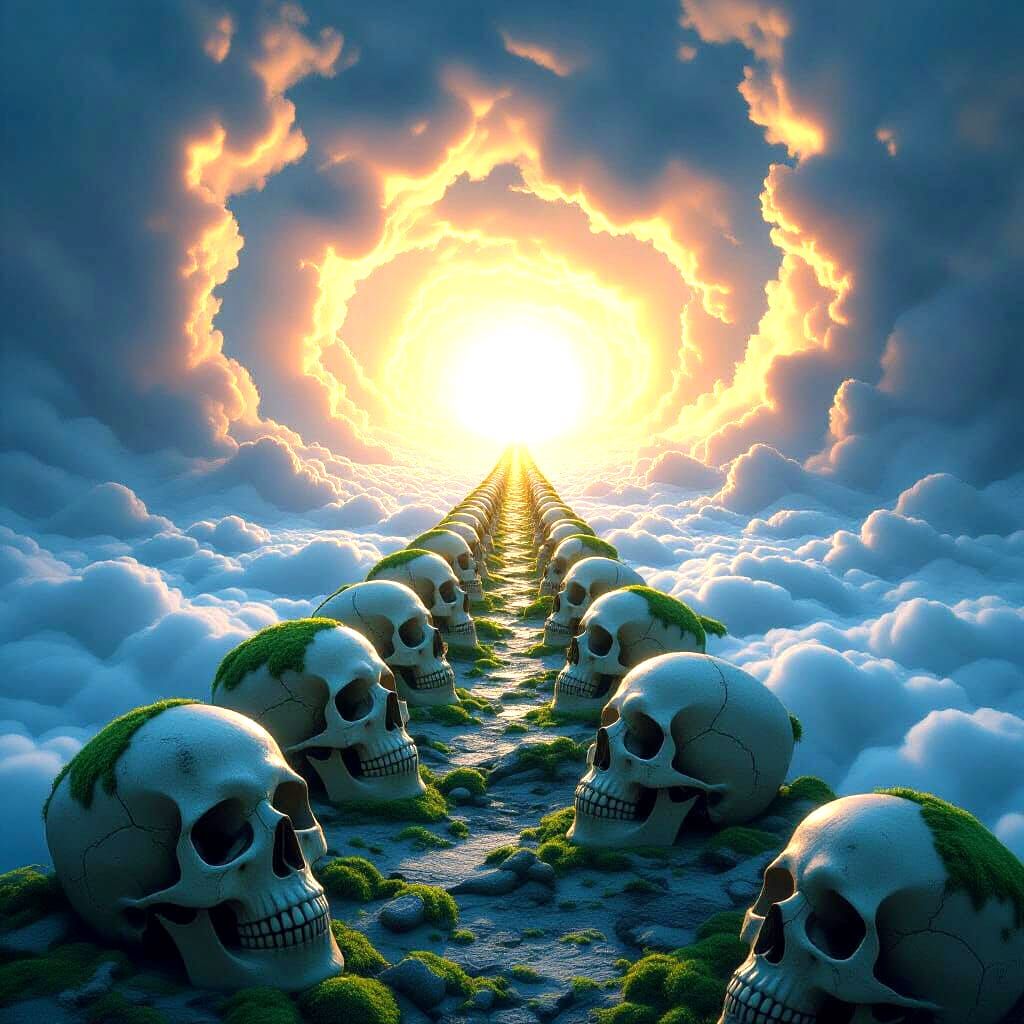 an endless row of moss covered broken skulls disappears in a...