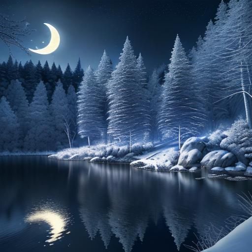 Bonfire by a Snowy Lake Under the Moon