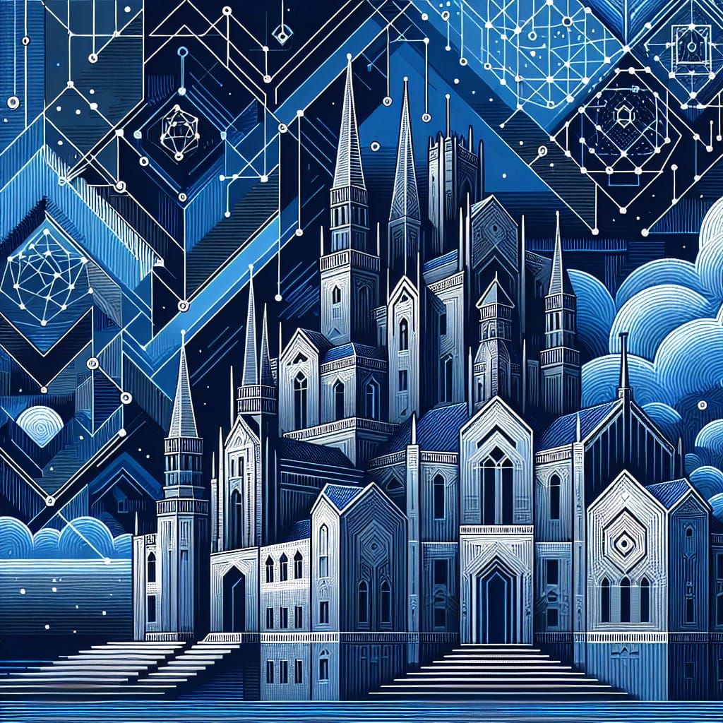 Geometric Castle Art in Blue Ink Vector Style