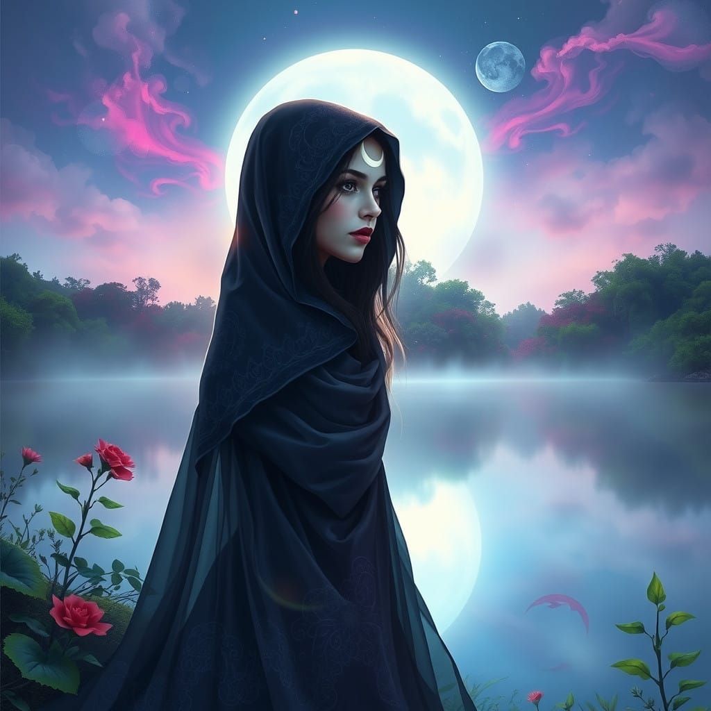 Dreamy Ethereal Woman in Mystical Moonlit Landscape