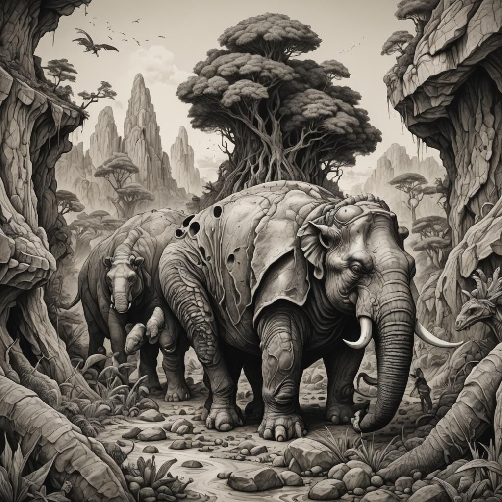 Dynamic Tachisme Ink Drawing in Prehistoric Surrealism