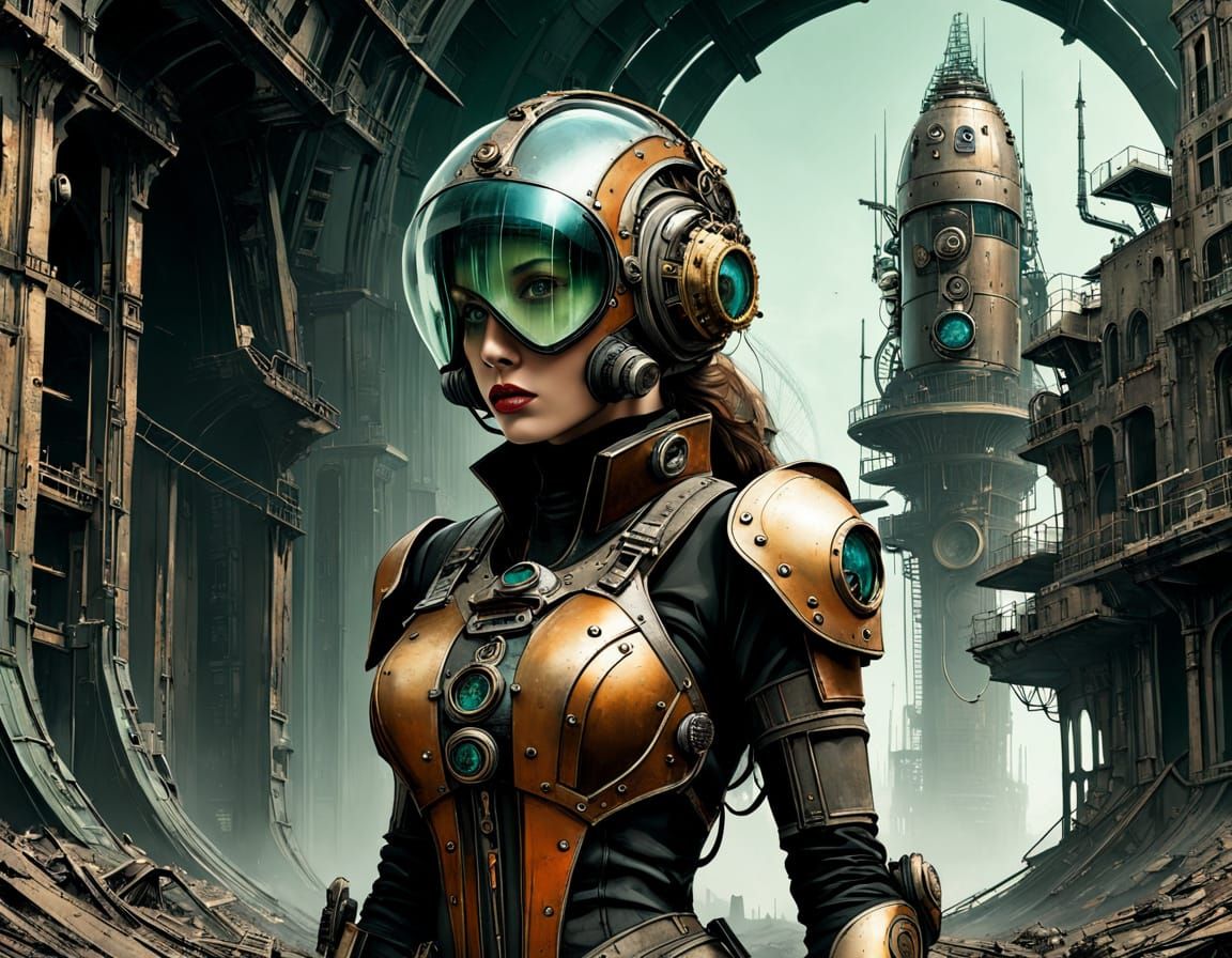 Steampunk Woman Repairs Robot in Apocalyptic World