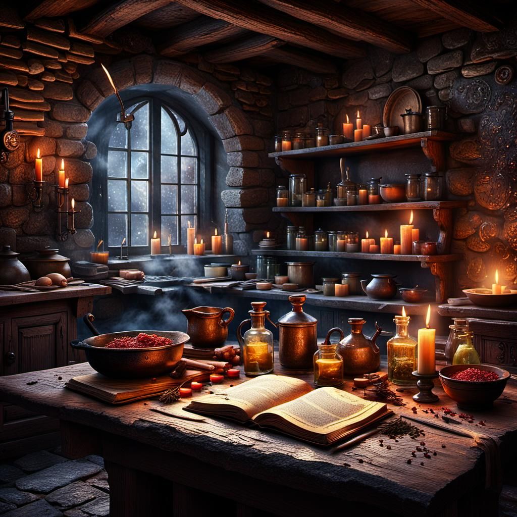 Mysterious Kitchen with Magical Cookbook, Fantasy Concept Ar...