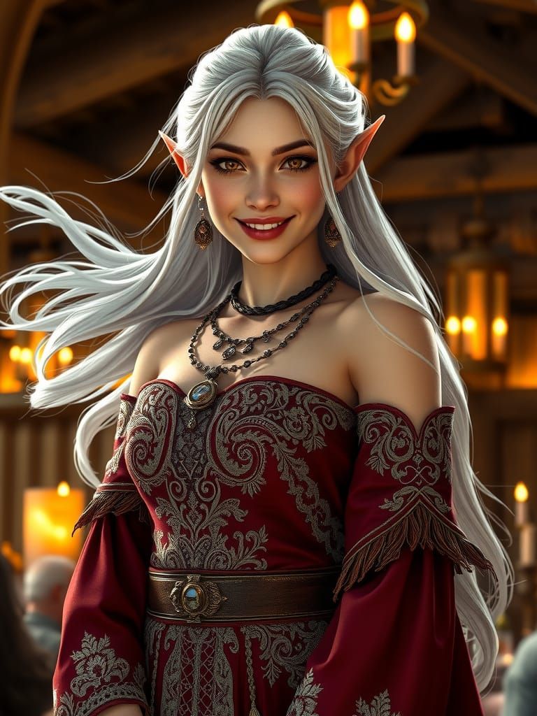 Medieval Tavern Bard in Exquisite Gown Radiates Warm Smile
