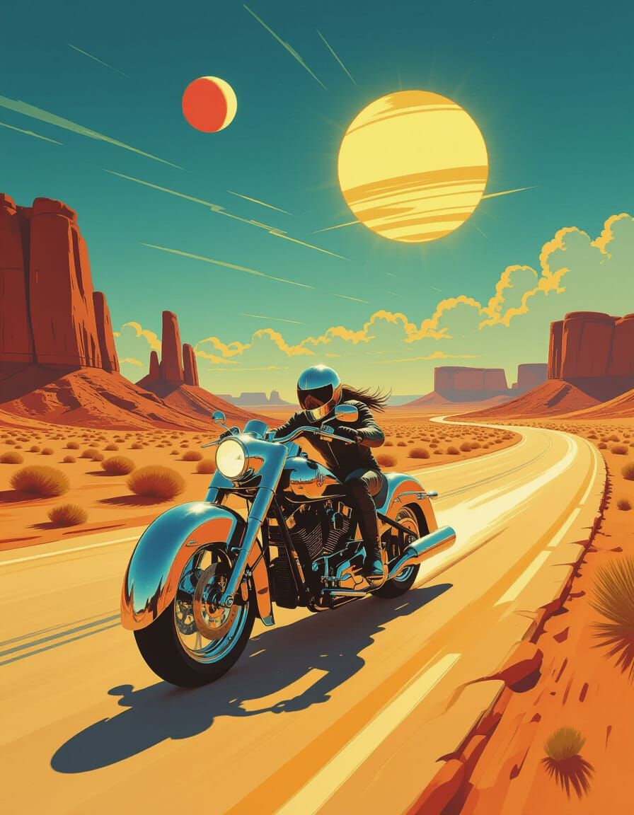 Futuristic Chrome Motorcycle on Alien Desert Highway