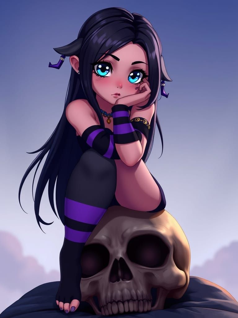 Animated Goth Girl Contemplating on Skull