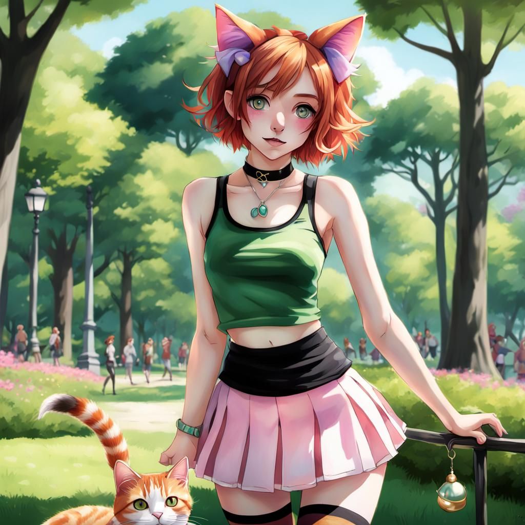 Calico Cat-Girl in Park, Tim Burton Style