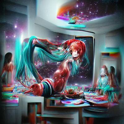 Red-Haired Anime Girl in Holographic Cosmic Art