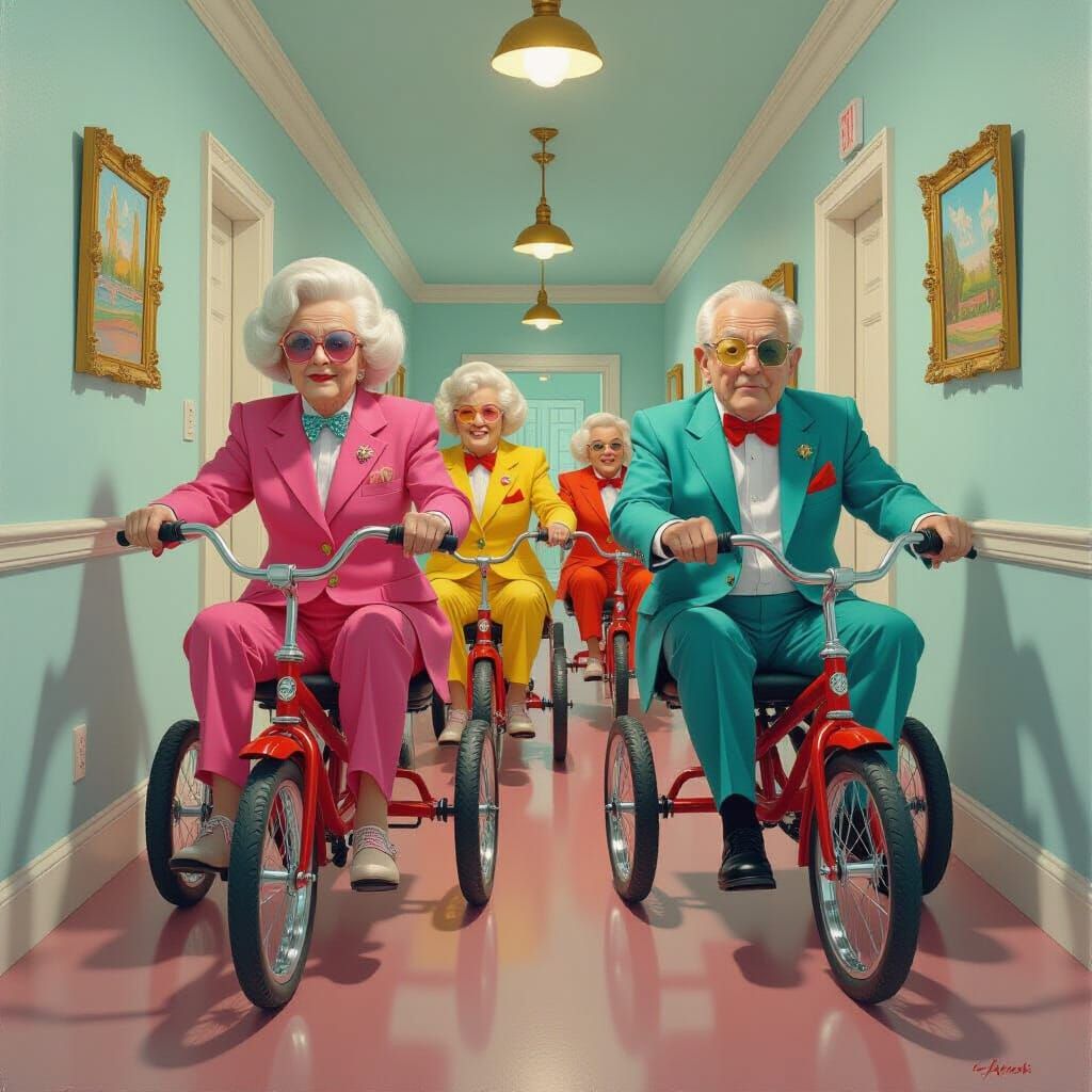Tricycle Race in Pop-Surrealist Style