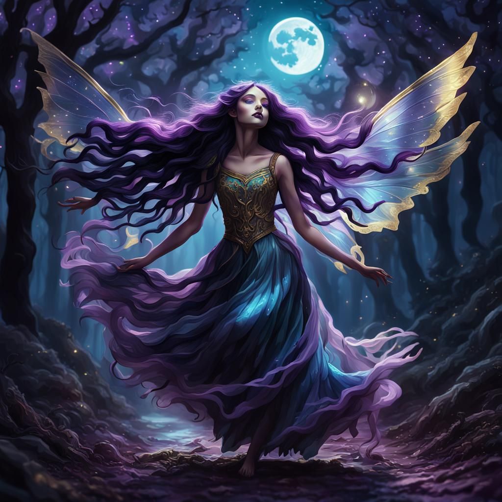 Dark Fairy Spinning in Moonlight: Fantasy Art