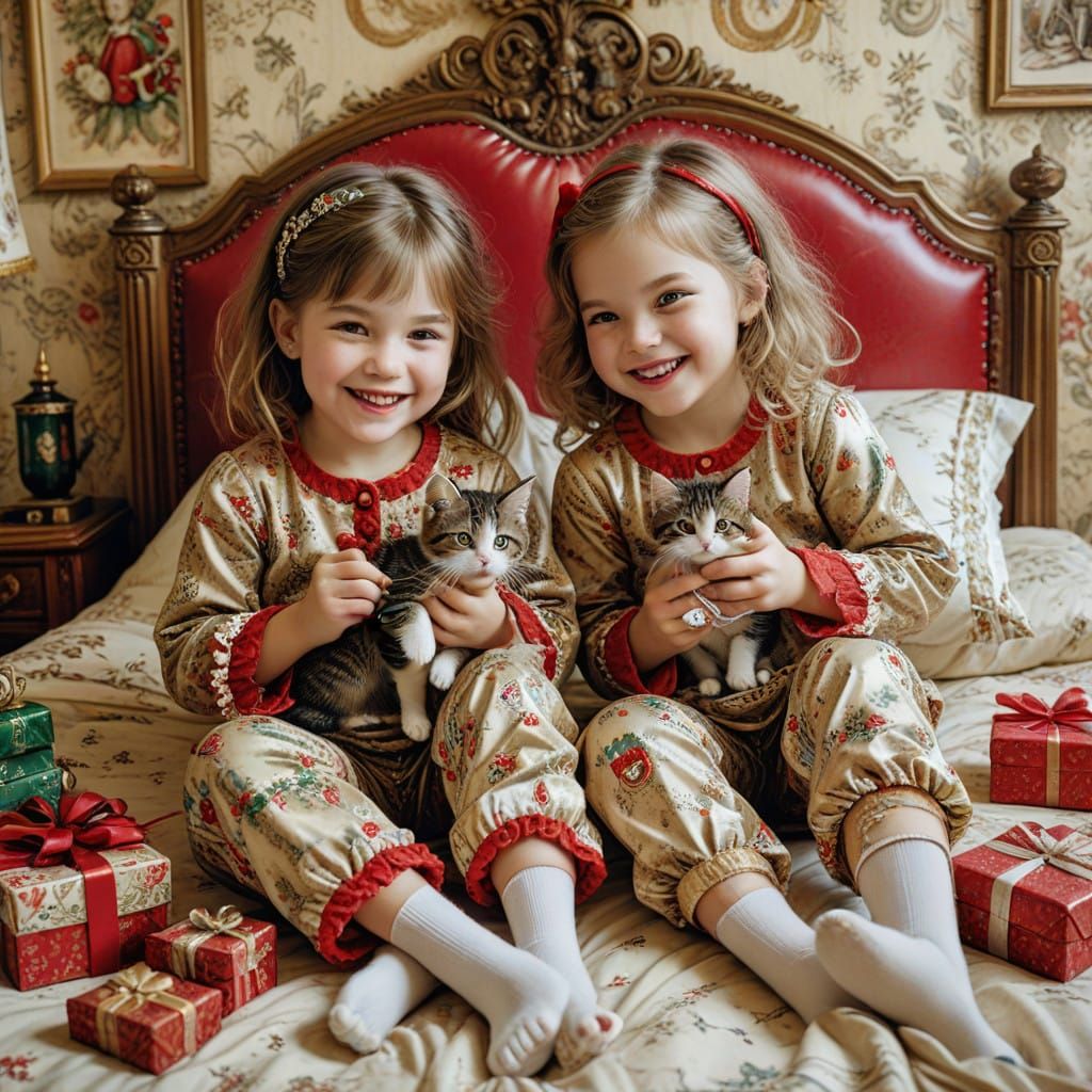 Vintage Christmas Scene of 2 Girls with a Kitten