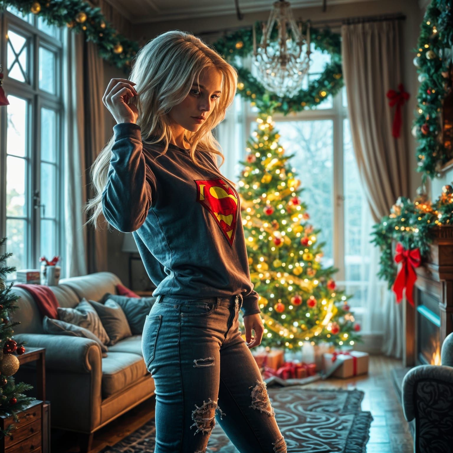 Supergirl in Festive Futuristic Christmas Scene