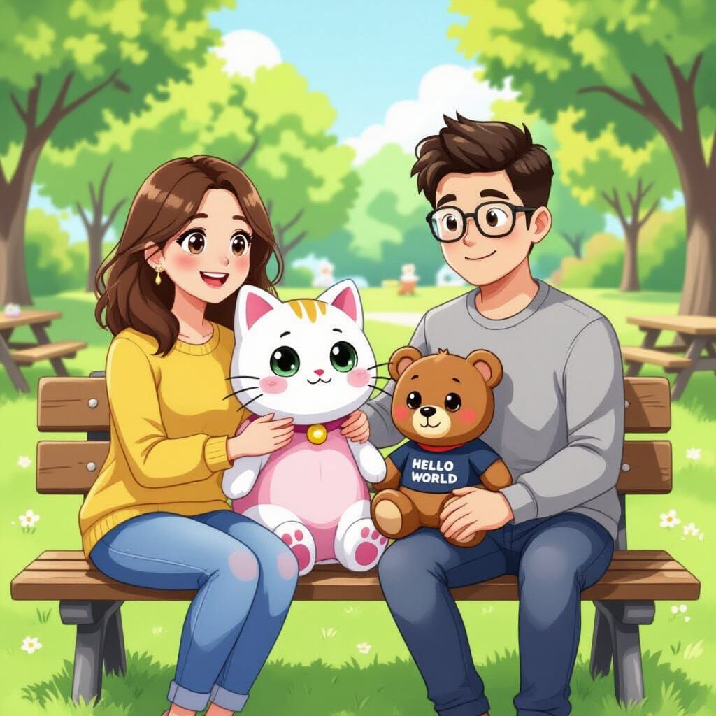 Couple Photographs Cat and Teddy Bear in Cartoon Style