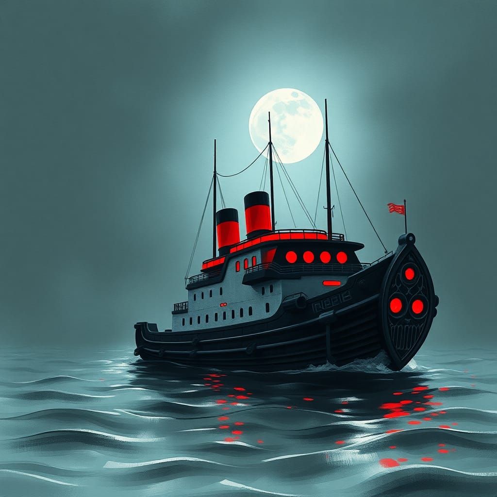 Dreamy Ship with Red Accents in Watercolor Style