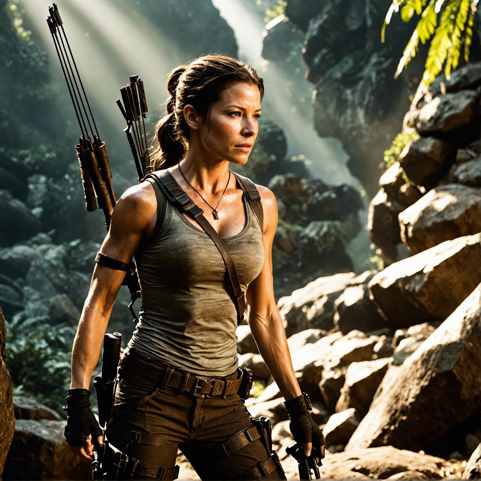 Evangeline Lilly acting as Lara Croft