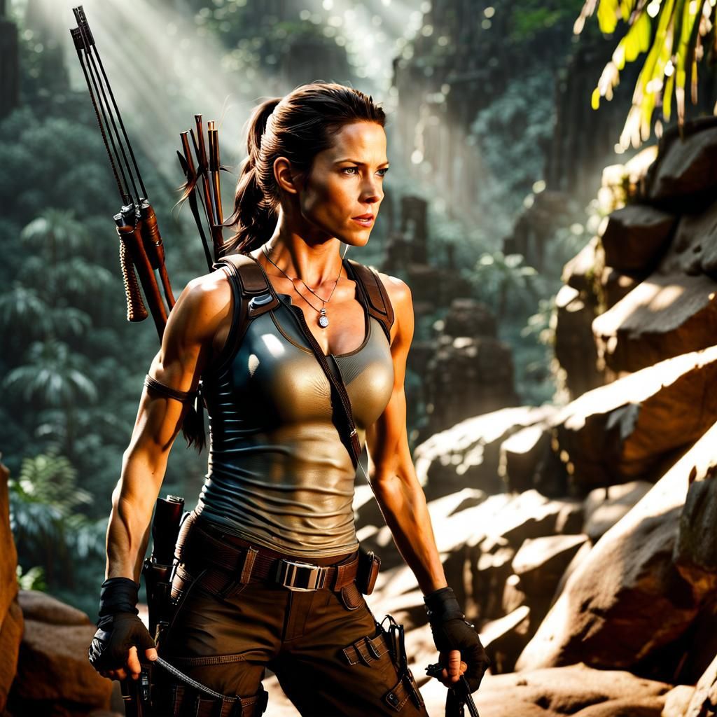 Evangeline Lilly acting as Lara Croft