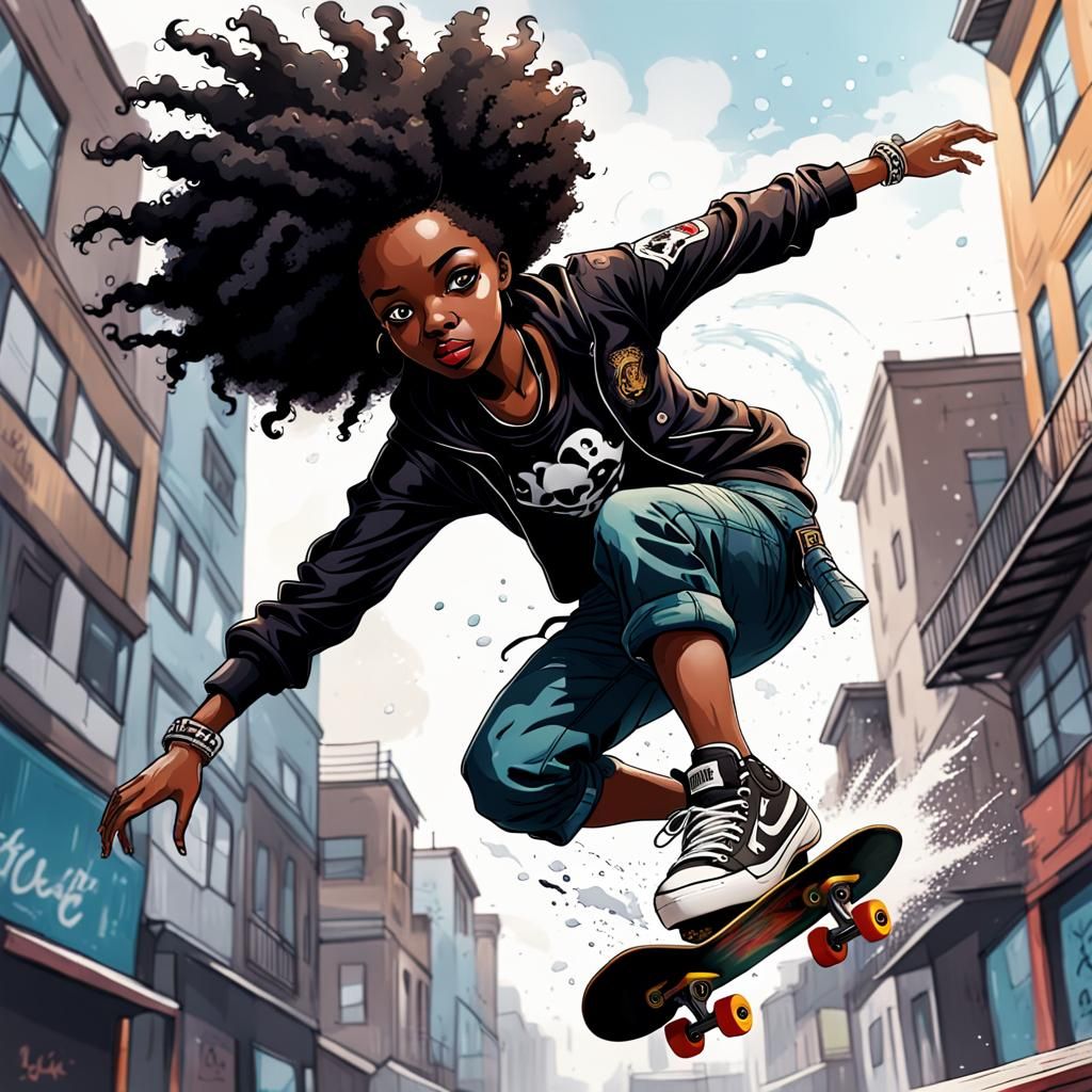 Airborne Afro-American Skateboarder in Splash Art Style
