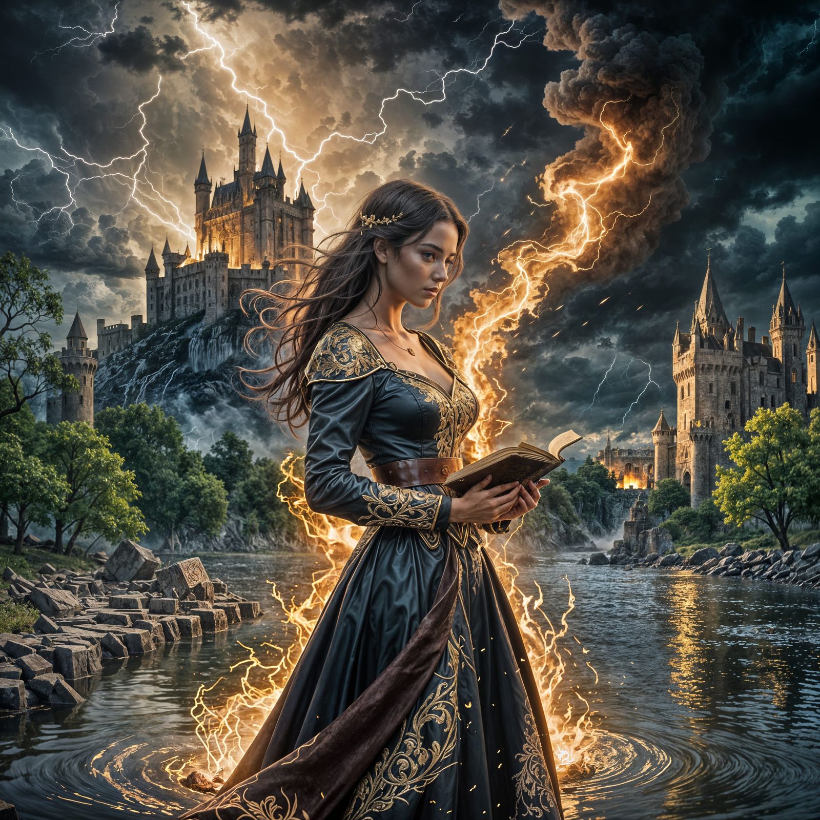 Mystical Brunette with Burning Heart in Fantasy Landscape