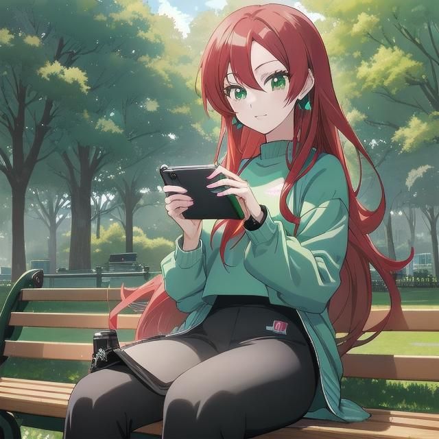 Anime Woman with Smartphone in Tokyo Park