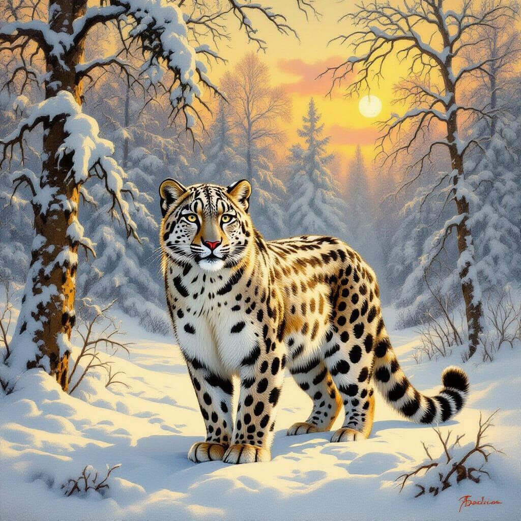 Amur Leopard in Winter Landscape, Romantic Style