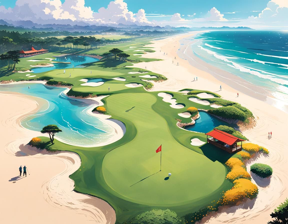 Beach Golf Course Illustration in Sketch Calligraphy Style