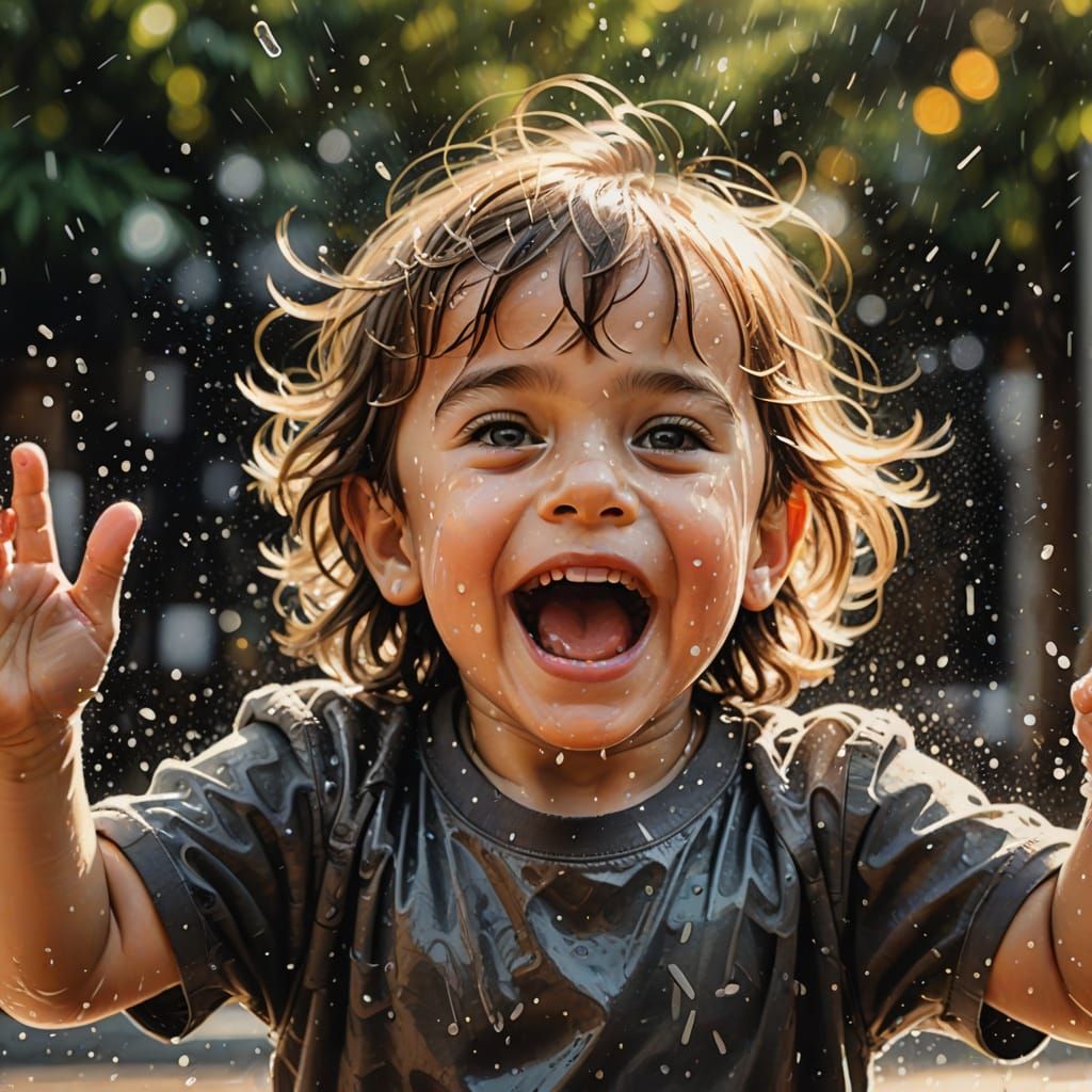 Joyful Child Dancing in Rain: Charcoal Drawing