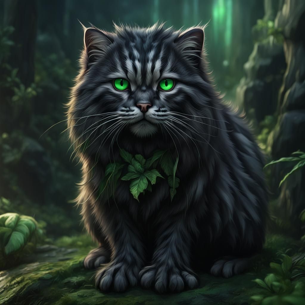 Black Pallas' Cat with Green Eyes, Fantasy Art
