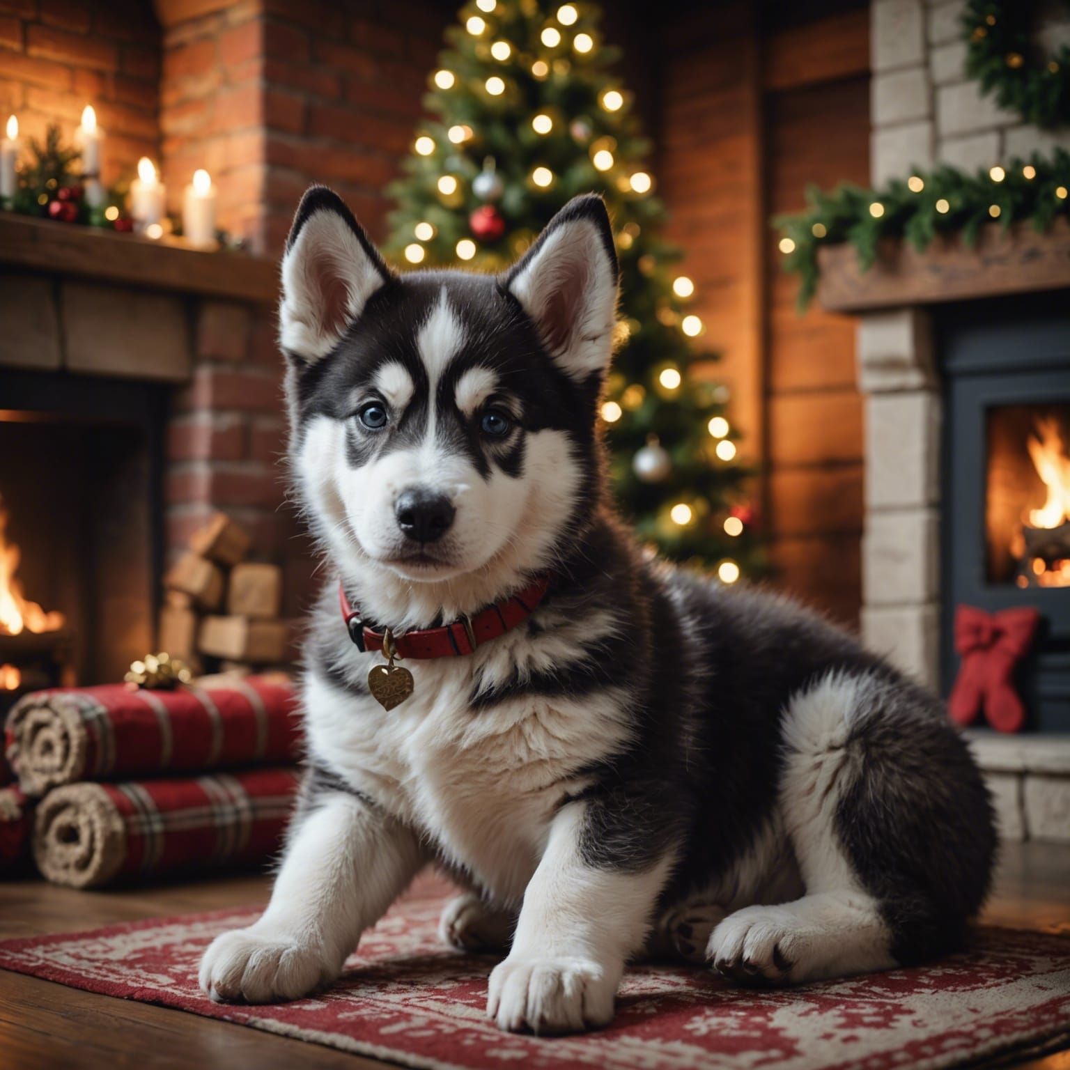 Husky Puppy Cuddles by Fireplace: Fantasy Concept Art