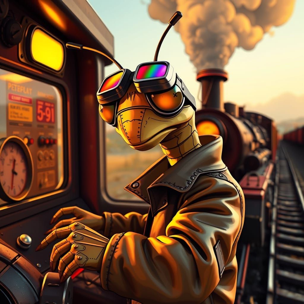 Anthropomorphic Mantis in Steampunk Train Scene