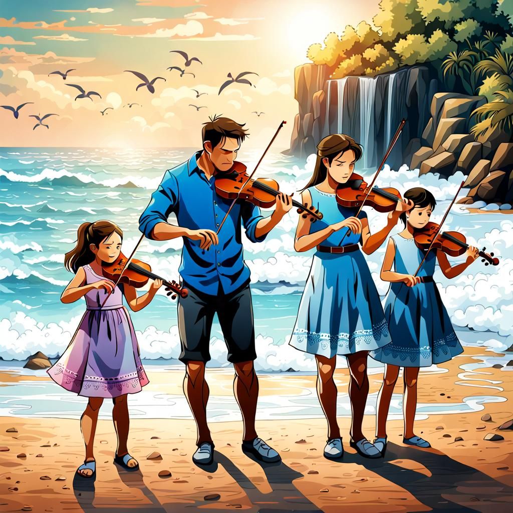 Happy Family: Violin Serenade on the Seashore