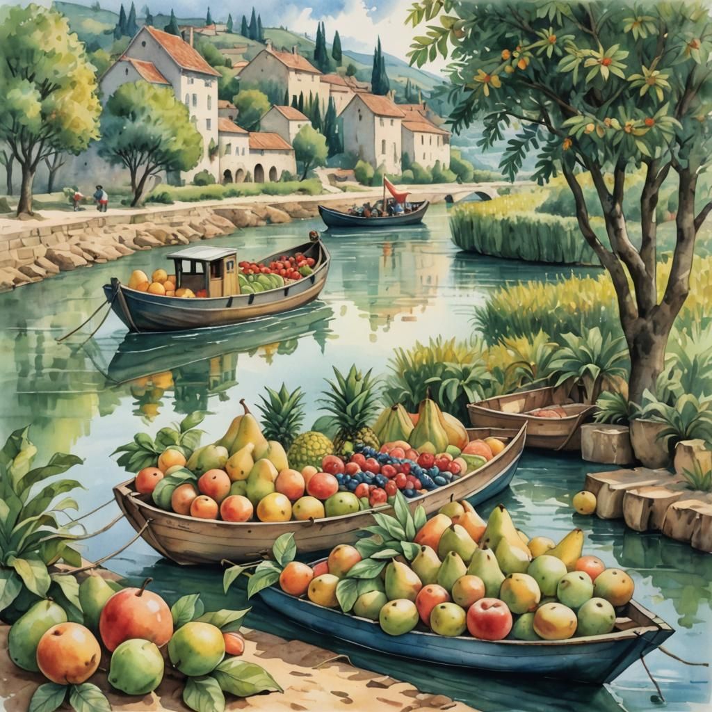 Fruit Parade
Along the river in a French province, boats lad...