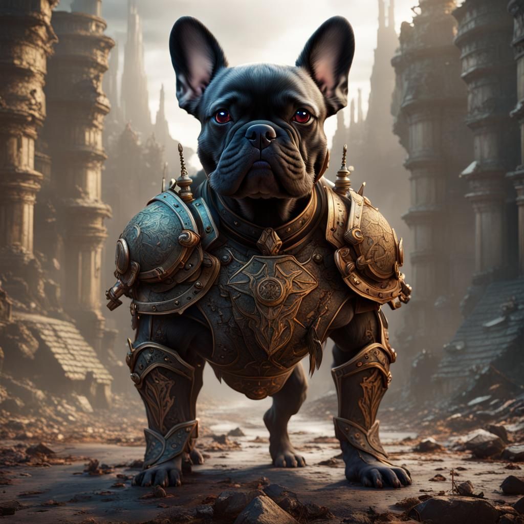 Mythical French Bulldog Warrior in Detailed Matte Painting