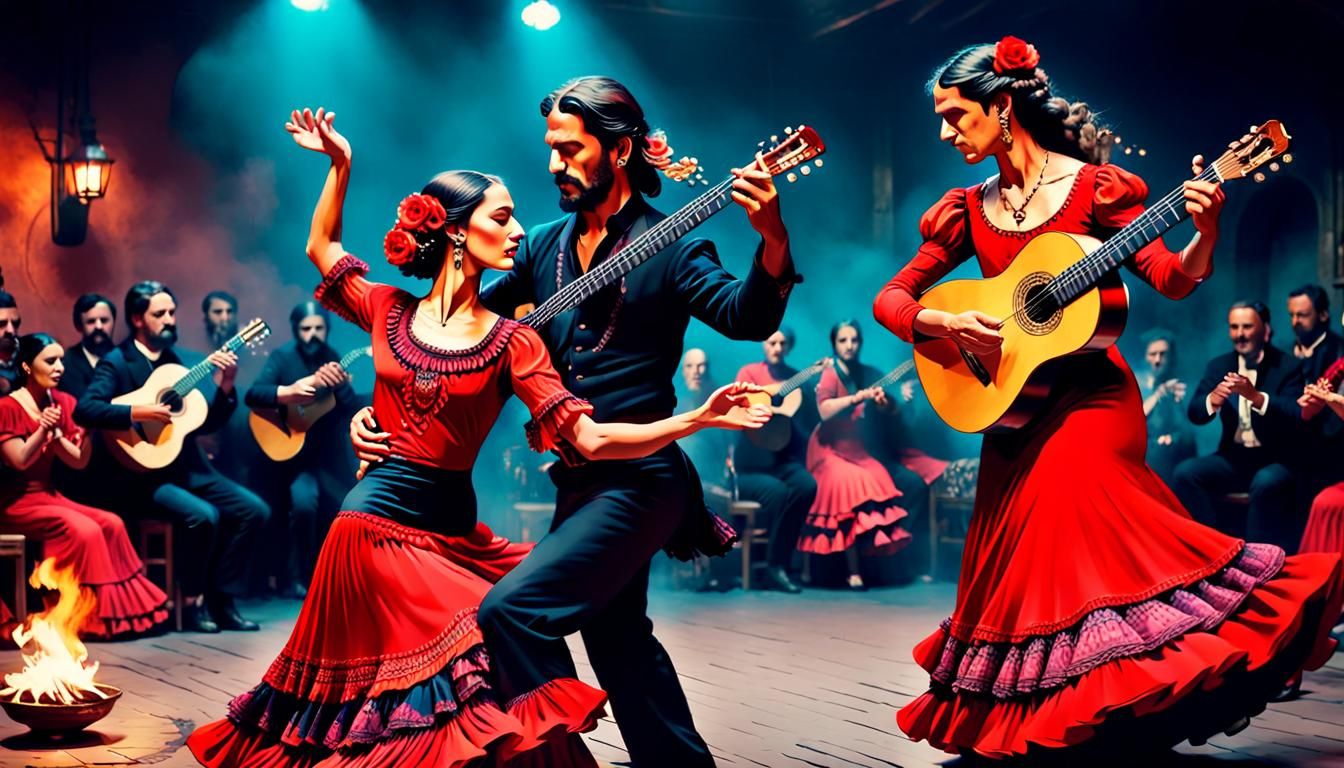 Flamenco Dancer and Guitarist in Vivid Colors