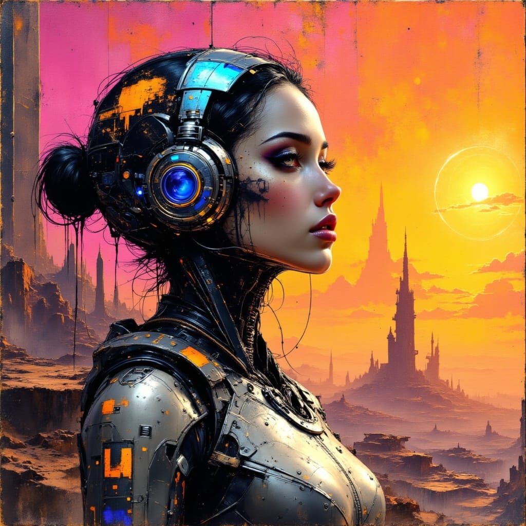 Futuristic Cyborg with Cybernetic Implants in Impasto Style