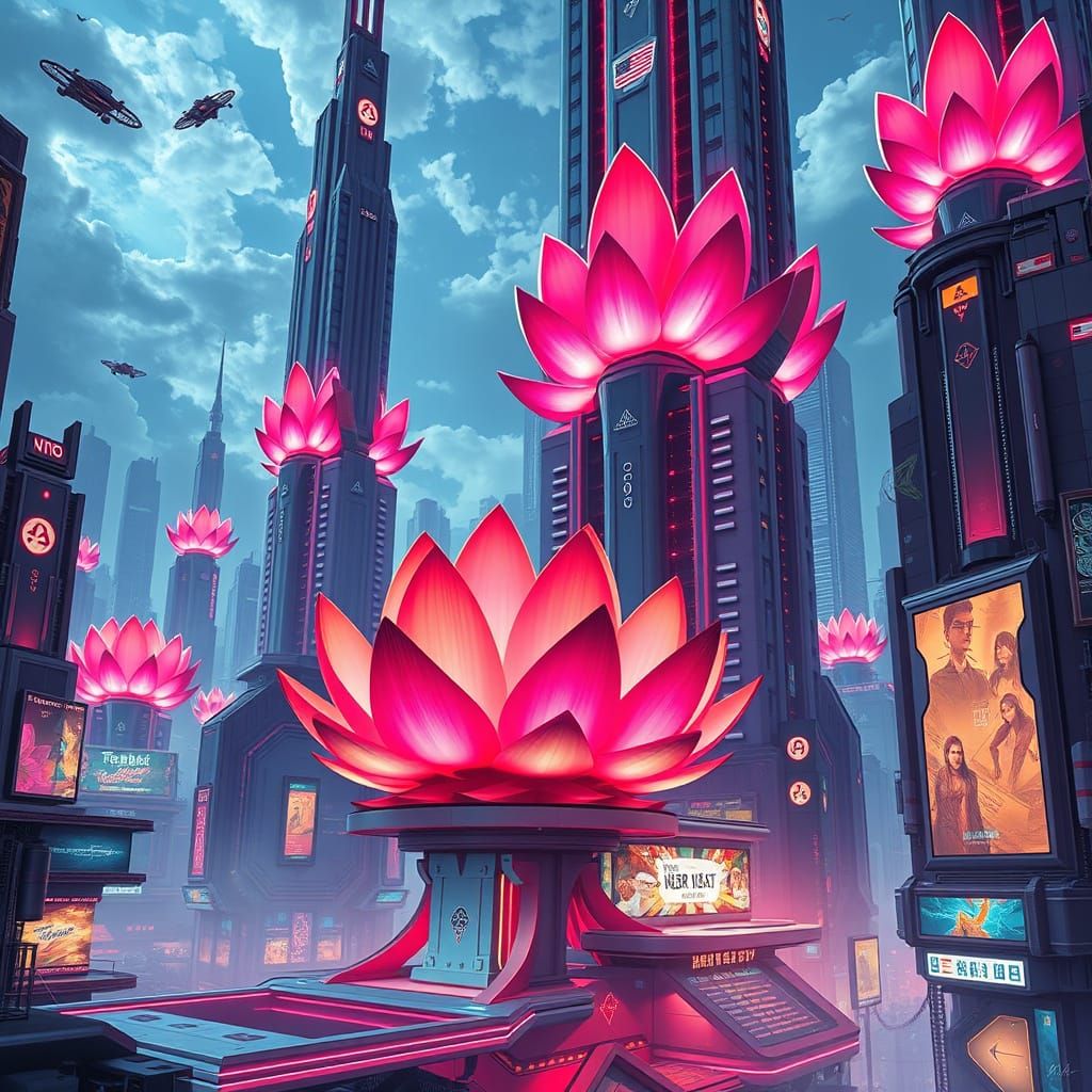 Cyberpunk Cityscape with Lotus Flower Skyscrapers