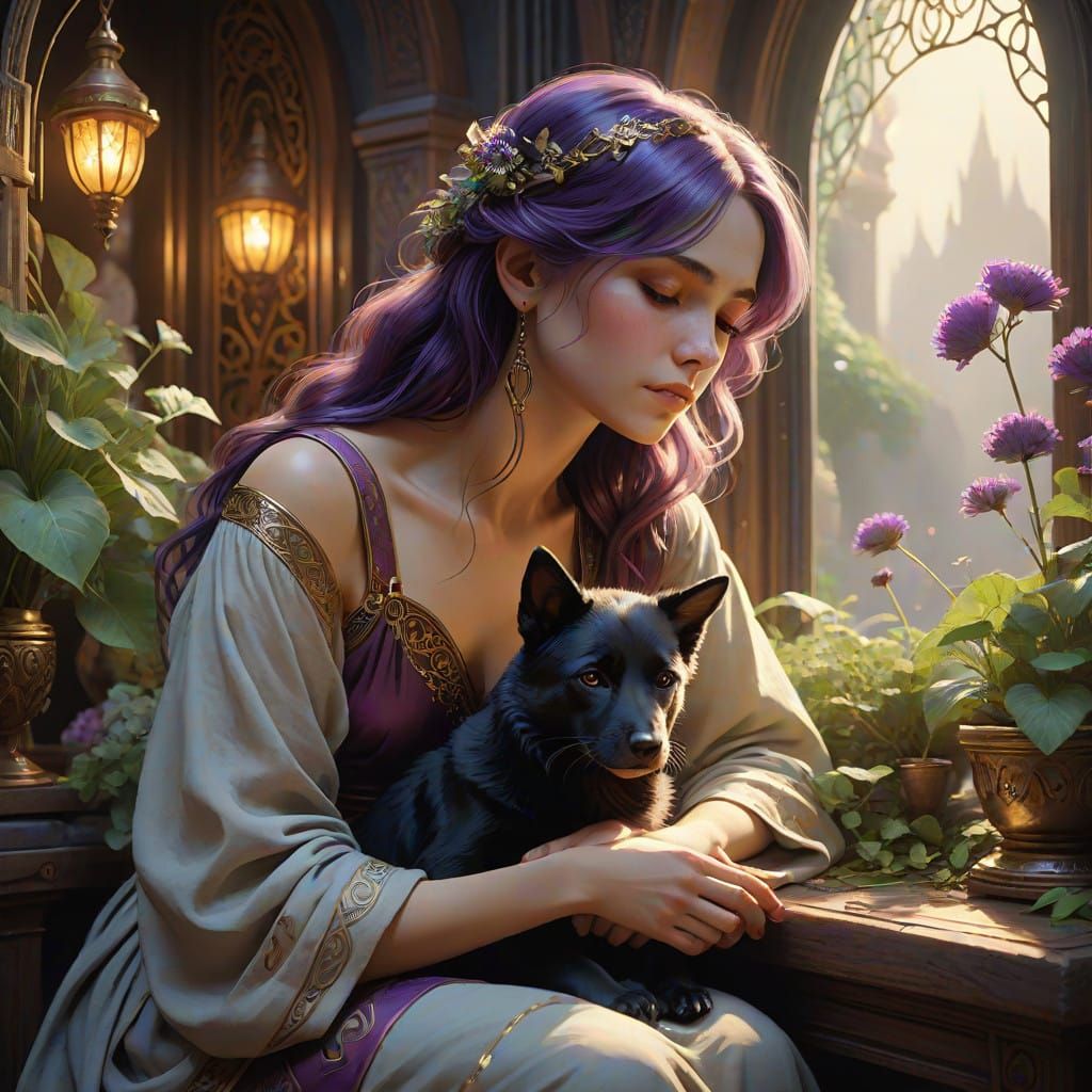 Mystical Celtic Florist Shop with Deep Violet Hair and Seren...