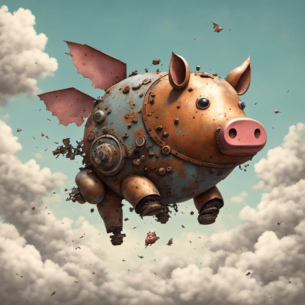 Robot Flying Pig in Cloudy Sky