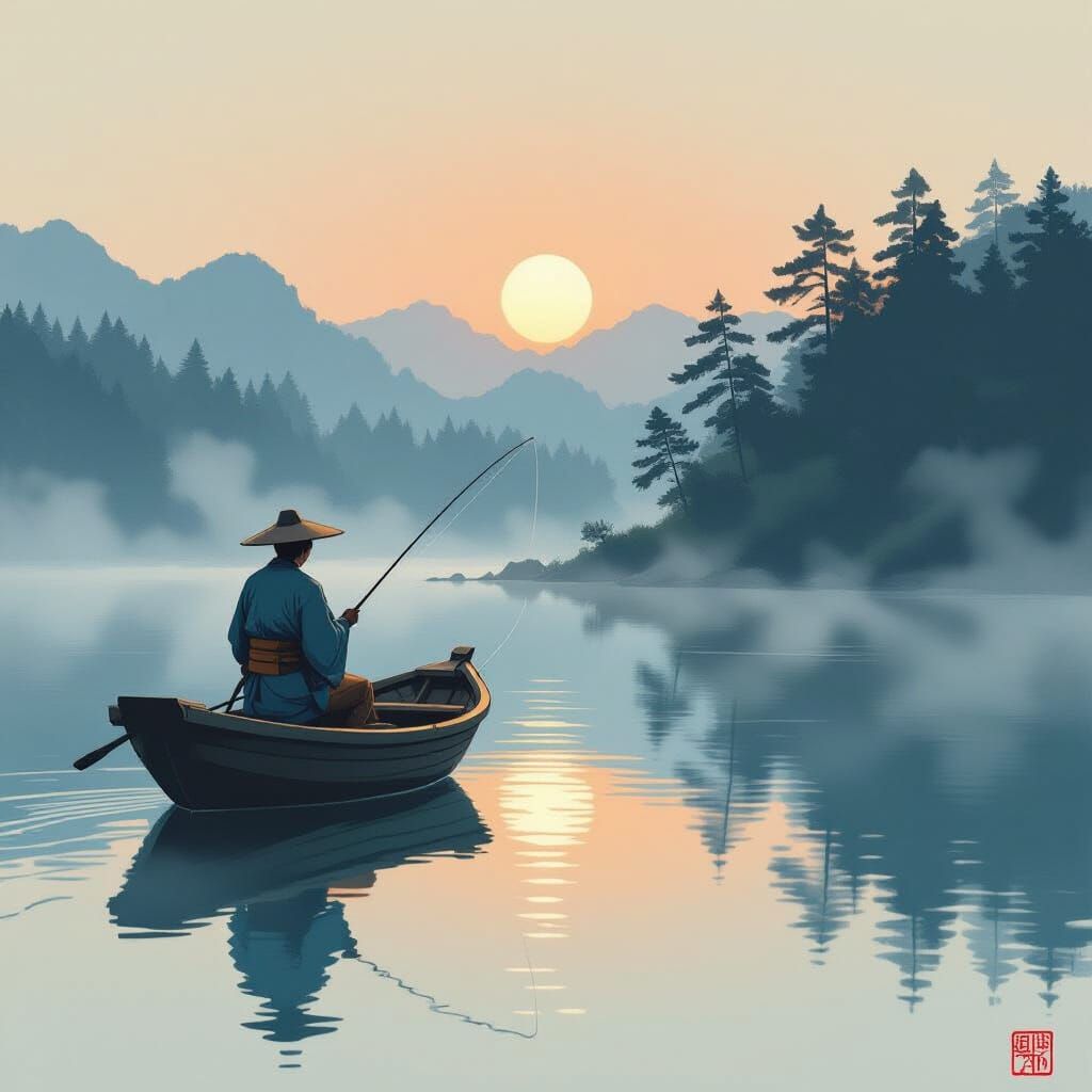 Fisherman at Dawn in Japanese Woodblock Print Style