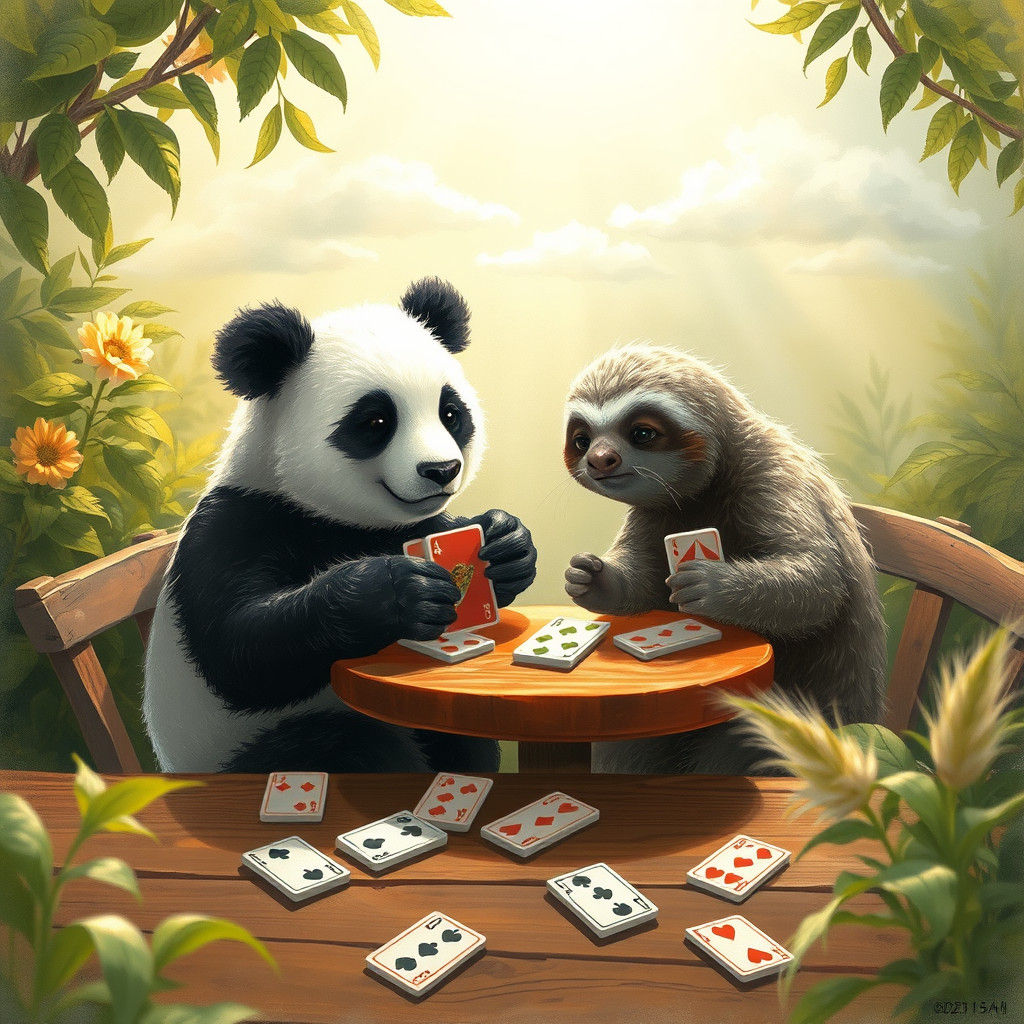 Panda and Sloth Play UNO in Cozy Forest