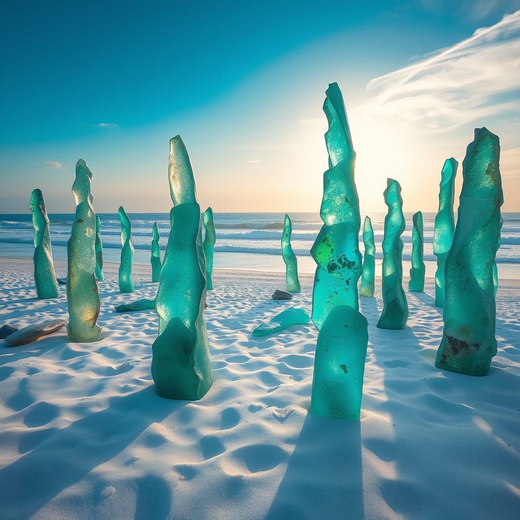 Coastal Art Installation of Glowing Sea Glass Sculptures